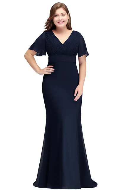 SALE Plus Size Long Red Evening Dresses Women Birthday Gift Mermaid Chiffon Party Robe Engagement Elegant V-neck Short Sleeves Navy Blue