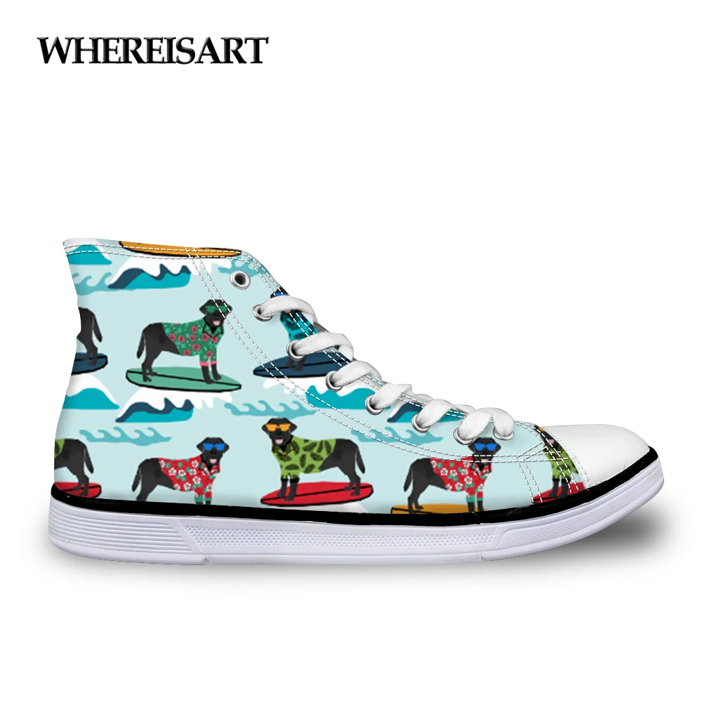 

WHEREISART Black Labrador Printed Women Sneakers Vulcanize Shoes High top Ladies Casual Shoes Lace-Up Footwear Tenis Feminino