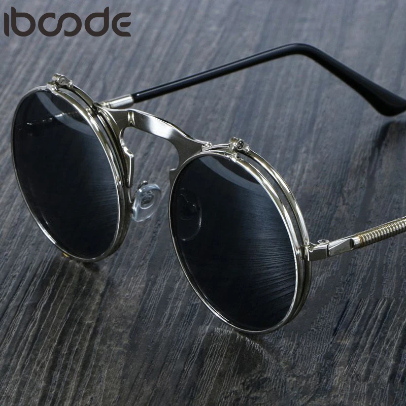 

iboode Steampunk Sunglasses Round Metal Oculos De Sol Women Style Retro Flip Circular Double Metal Men Circle Sun Glasses UV400