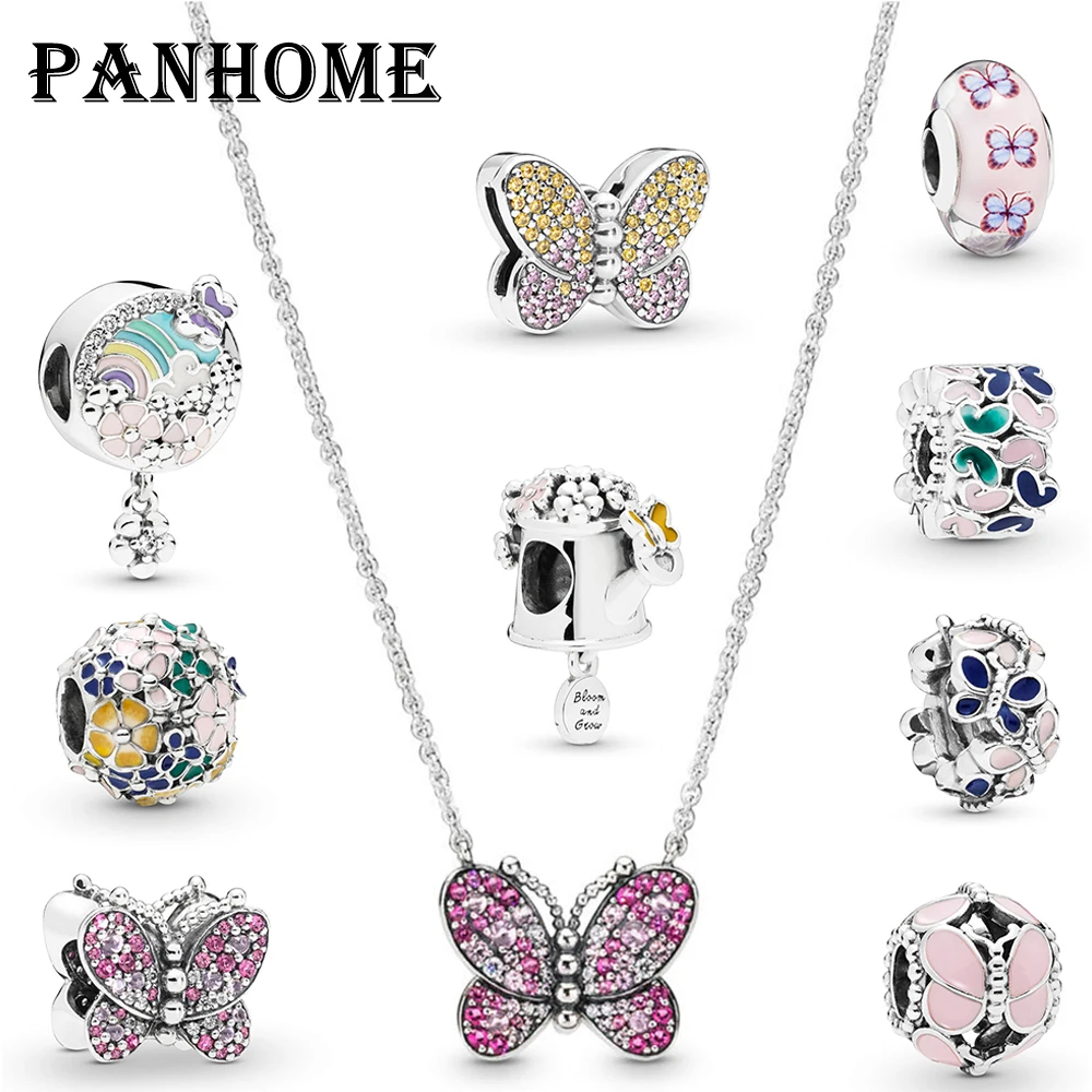 

PANHOME 100% 925 Sterling Silver 2019 Spring Preview Dazzling Pink Butterfly Beaded Necklace Clip Spacer Launched in succession