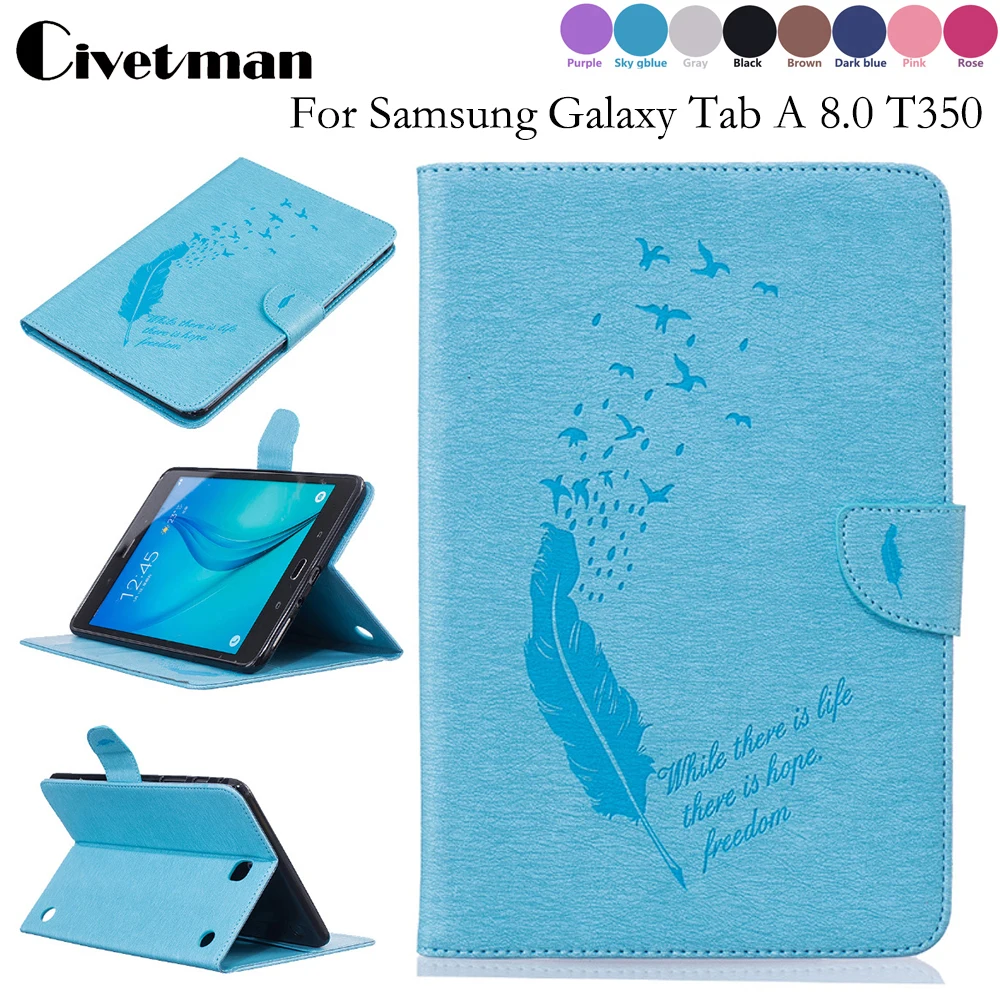 

Fashion Plume Print PU Leather Flio Book Style Case For Samsung Galaxy Tab A8.0 T350 T355 SM-T355 8'' Tablet Cover