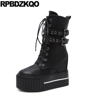 

Height Increased Elevator Metal Lace Up Military Women Ankle Boots 2016 Round Toe Muffin Shoes Flat Black British Combat