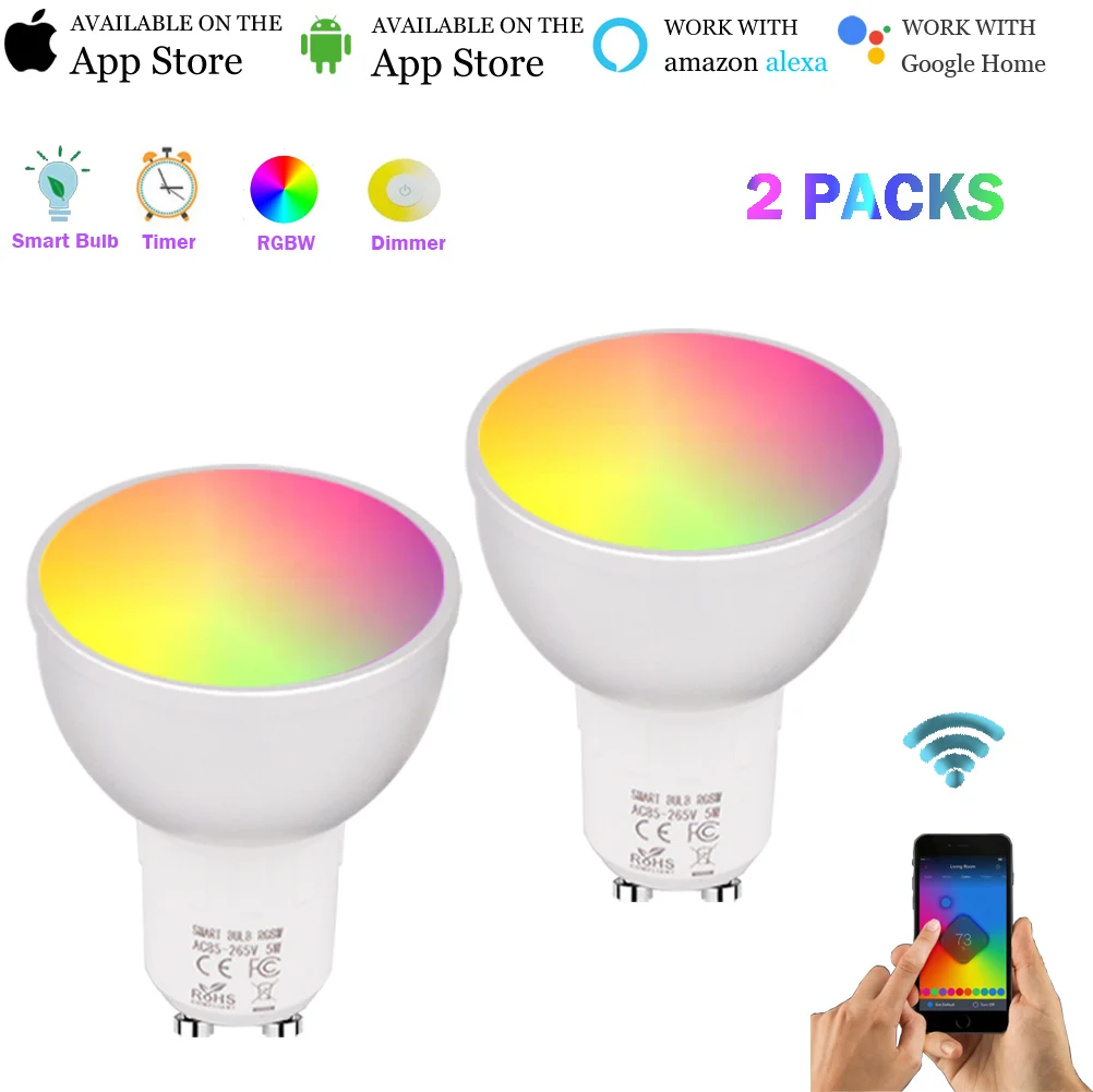 

Smart WiFi Bulb GU10,RGBW 5W Dimmable Smart LED Light Cup,APP Remote Control Work with Alexa/Google/IFTTT(2 Pack)
