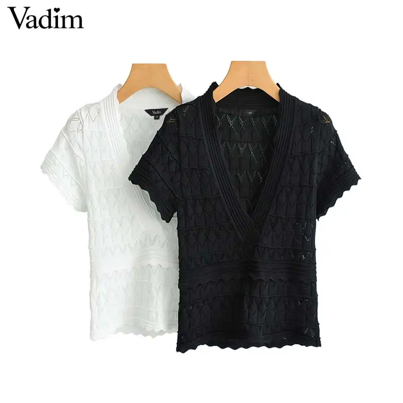 

Vadim women white black short style blouse V neck short sleeve stretchy female casual shirts sweet hollow out top blusas DA246
