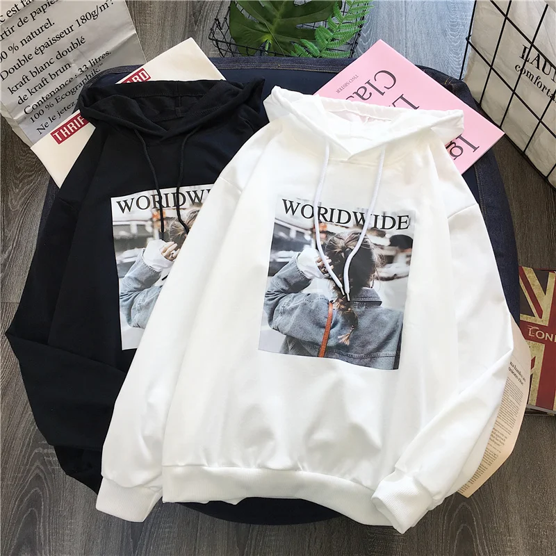 

New Fashion Corduroy Long sleeves Letter Harajuku Print Pullovers Tops O-neck Women's Hooded sweatshirt tops sweatshirt hoody