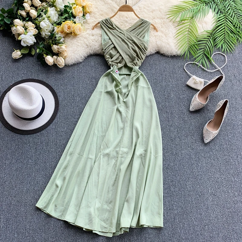 

2019 new fashion women's dresses Seaside holiday solid color simple round neck sleeveless mesh cross dress
