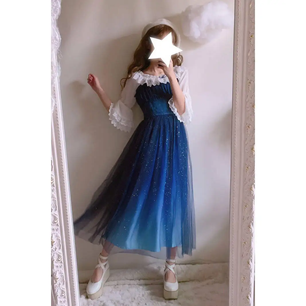 Günstig JSK Shinning Sterne Lolita Kleid Gradienten JSK Stern Blau Mädchen Solide Phantasie Kleid Spitze Rüschen Plissee Kleid Mit Hemd Set