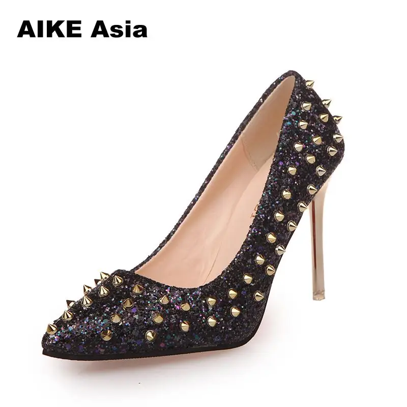 

2018 New Women Pumps Pointed Toe High Heels Shoes Luxury Designer Rivets Wedding Bridal Women's With Sequined Cloth #805