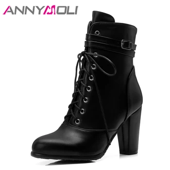 

ANNYMOLI Ladies Boots High Heel Ankle Boots Shoes Lace Up Buckle Motorcycle Boots Autumn Female Footwear Winter Sliver Big Size