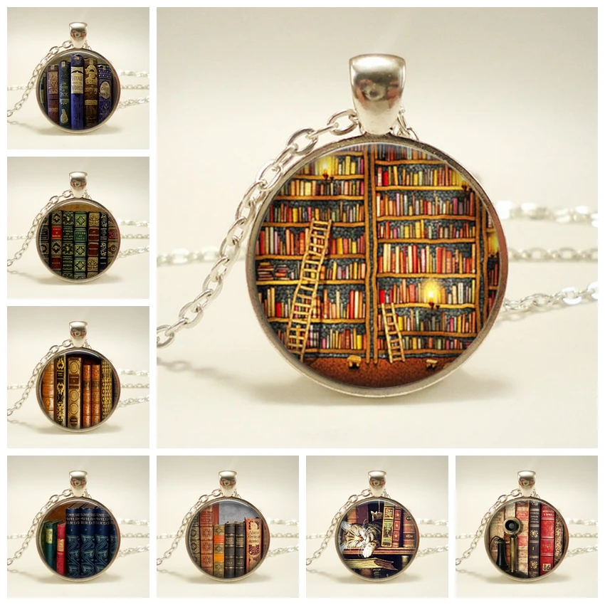 New Fashion Necklace Glass Dome Vintage Library and Books Pendants Necklace For Students Teachers And Librarians Necklace