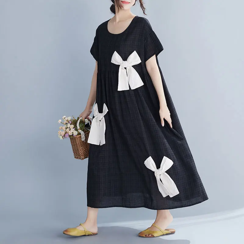 DIMANAF Plus Size Women Dress Summer Bowknot Cotton Linen Fashion Lady Vestidos Female Clothing Loose Casual Style Dress Black