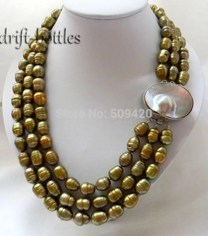 

Shipping 3Strands 17-19'' 11mmx14mm Green Rice Freshwater Pearl MABE Clasp Necklace (C0309)