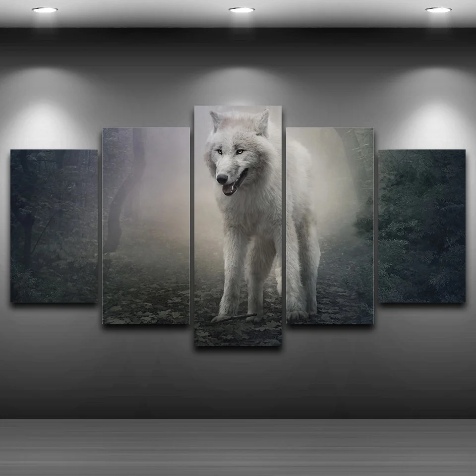 

Canvas Painting Printed Pictures 5 Panel Forest Animal Wolf Game Of Thrones Ghost Home Decor Poster Wall Art Frame Living Room