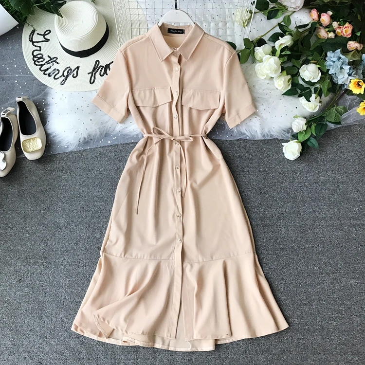 

2019 new fashion women's dresses Ruffled Summer Short Sleeve Double Pocket Single Breasted Lace Up Waist Dress