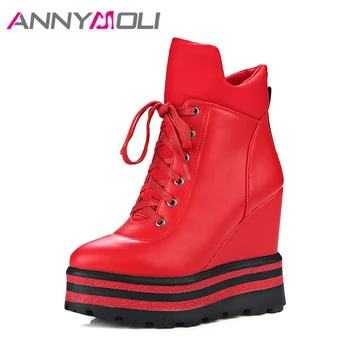 

ANNYMOLI Women Ankle Boots Platform Wedge High Heels Warm Winter Boots Zip Female Autumn Boots Lady Shoes 2018 Chaussure Femme