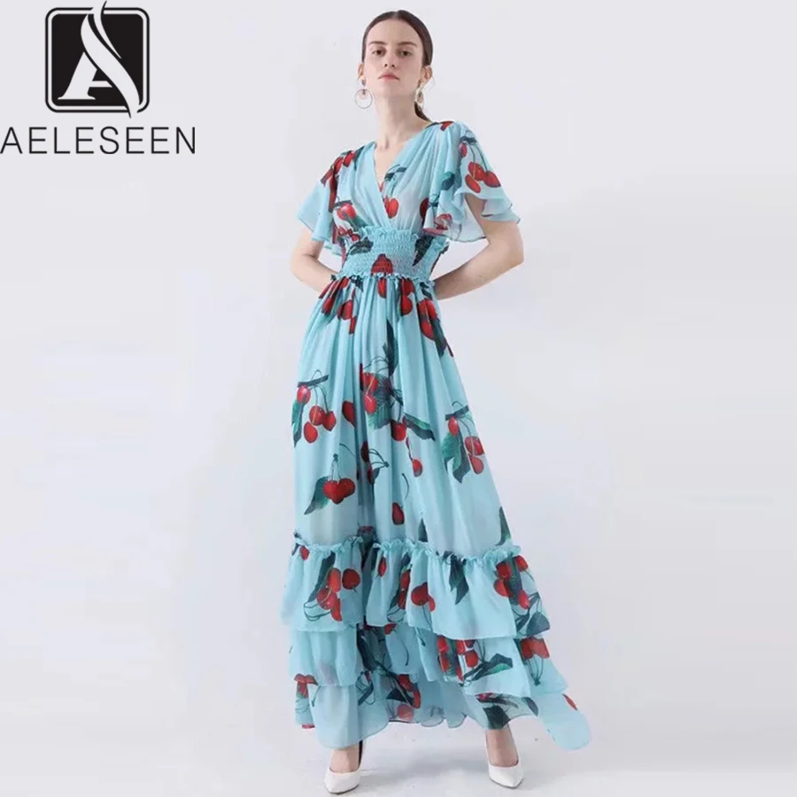 

AELESEEN New 2019 Autumn Runway Design Dresses Women Elegant Sky Blue Cascading Ruffles Cake Fruit Print European Long Dress