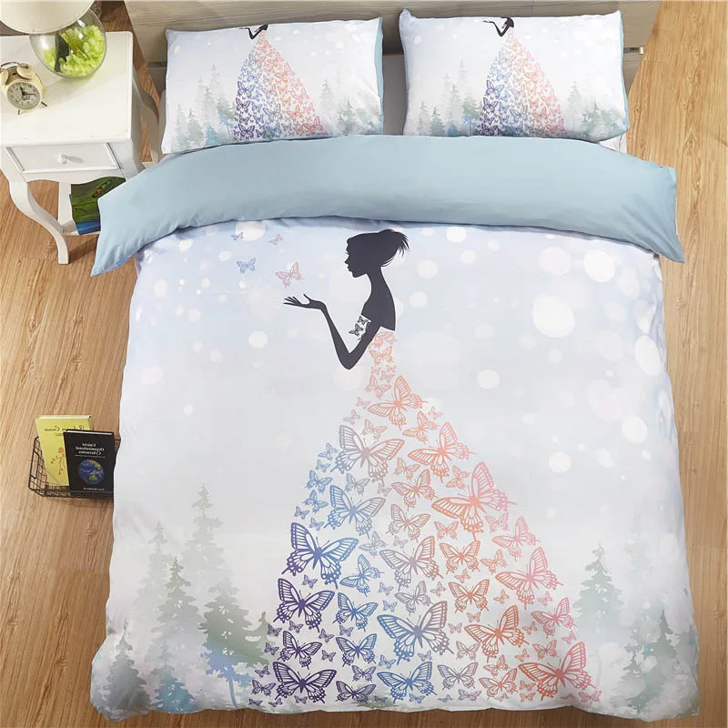 

Butterfly Princess Pattern Bedding Set for Girls Queen Size Polyester Quilt Cover Set King Light Blue Luxury Bed Clothes
