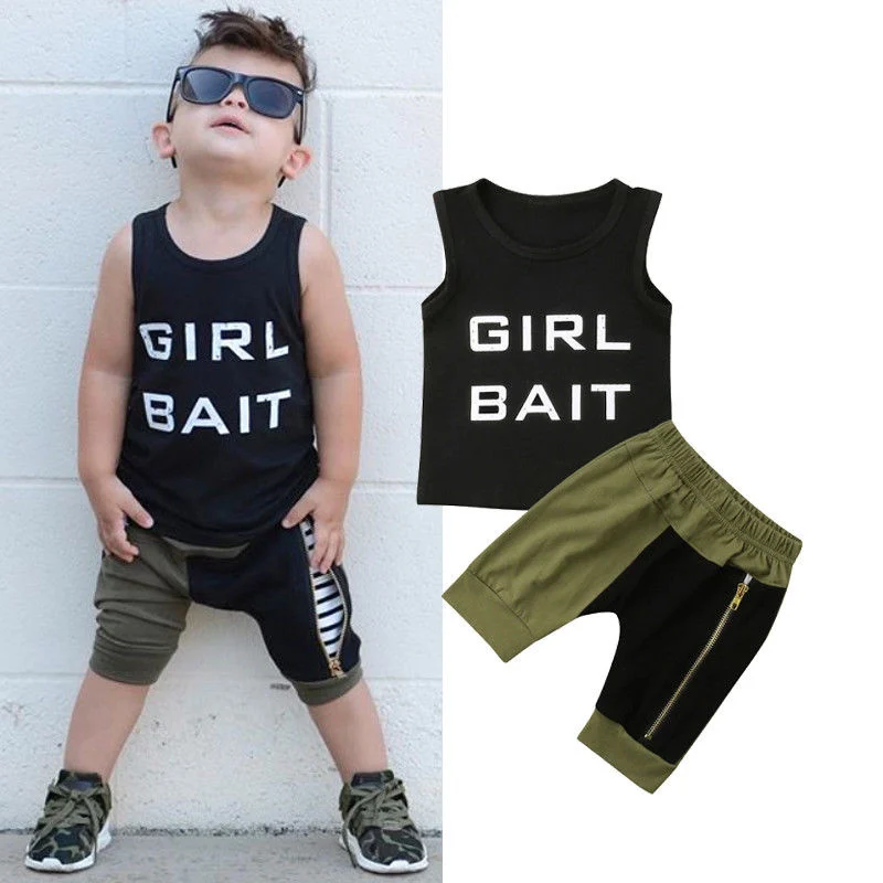 

Emmababy Kid Clothes 2PCS Set Boys Clothes Loose Casaul Sleeveless Black Letter Print O-Neck T-Shirts and Pachwork Long Pants
