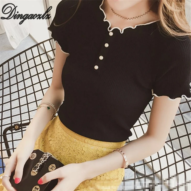 

Dingaozlz Korean Fashion Lady shirt Sweet Ruffles Collar Pearl Women T shirt Short Sleeve Round Neck Pullovers Knitted shirt