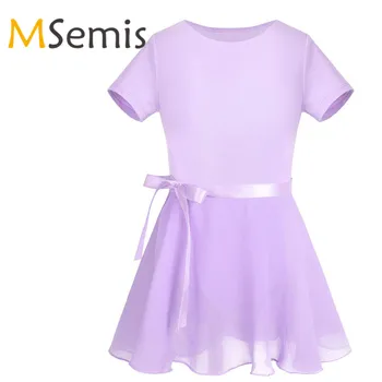 

MSemis Gymnastics Leotard for Girls Ballet Dress Cotton Short Sleeves with Chiffon Tied Skirt Outfit Set Kids Tutu Ballet Dress