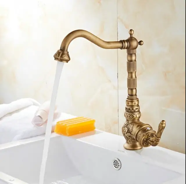 Cheap Free Shipping Fashion Europe style total brass bronze finished carved kitchen faucet swivel tall kitchen mixer tap,basin faucet