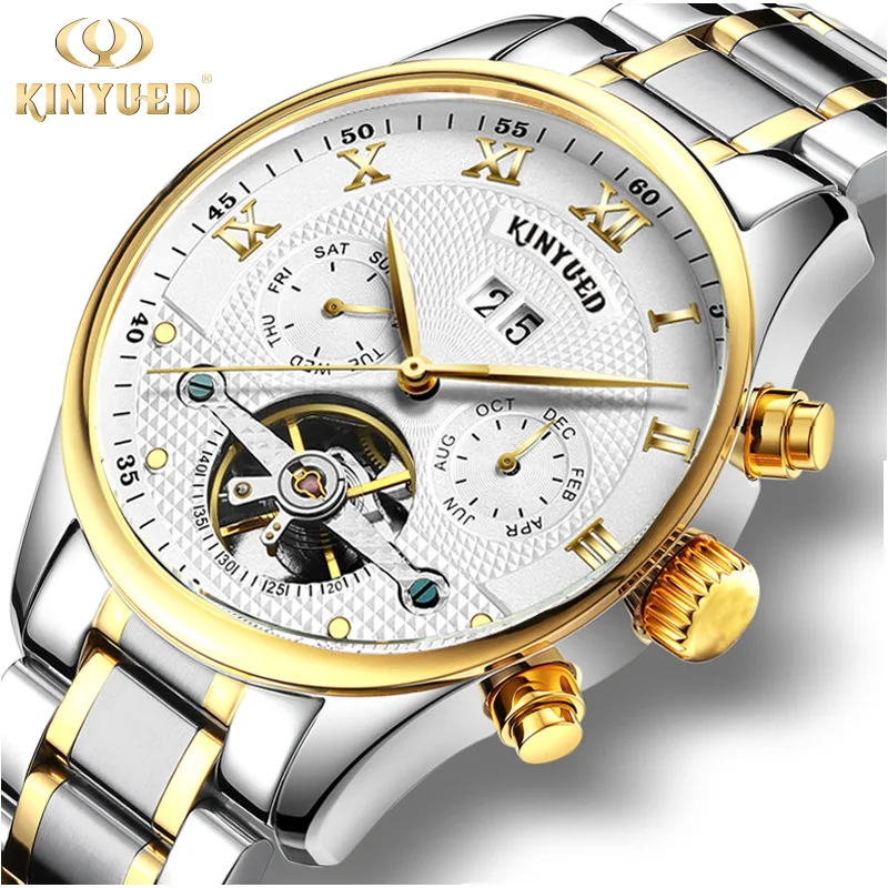 

KINYUED Fashion Tourbillon Stainless Steel Mens Watch Luxury Male Business Steel Wristwatch Waterproof Relogio Masulino Genuine