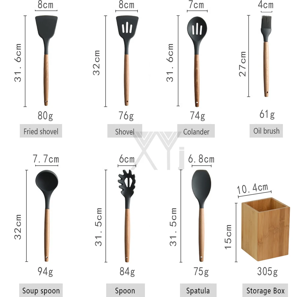 XYj набор кухонных принадлежностей, силиконовая кухонная утварь, натуральная Акация, твердая деревянная ручка, черный кухонный нож, держатель, блочная подставка