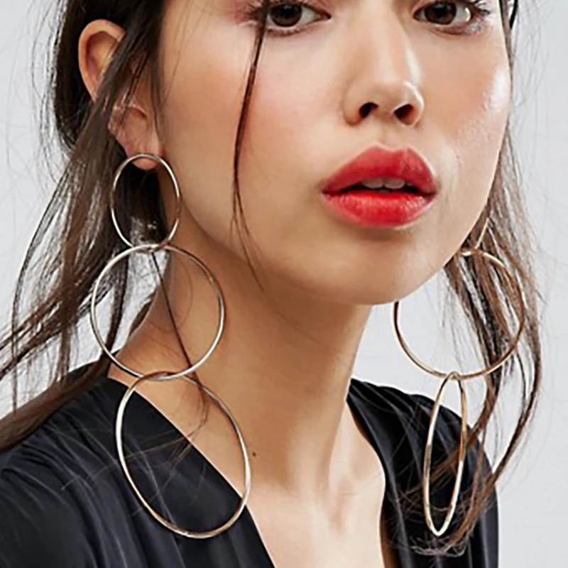 

Big Round Circle Long Earrings Ladies Party Gifts Bohemian Gold Silver Large Earrings Exaggerated New European Accessoreis 2018