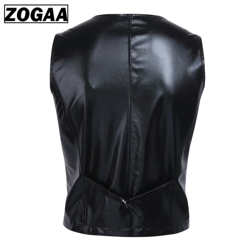 ZOGGA 3 Color Soft Leather Men Vest Tops Snap Buttons Shiny Sexy Waistcoat Jacket Nightclub Party Stage Vest Men Leisure Suits