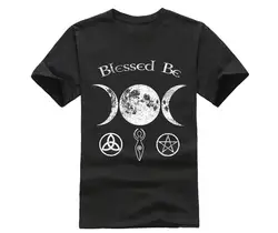 100% хлопковая Футболка с круглым вырезом и принтом для мужчин Blessed Be Триптих Луна Wiccan рубашка пентаграмма одежда