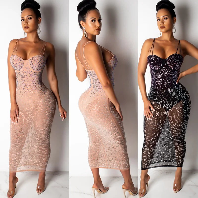 

BKLD Sparkly Rhinestone Diamond Sexy See-through Mesh Dress Women Backless Spaghetti Strap Bodycon Maxi Long Evening Party Dress