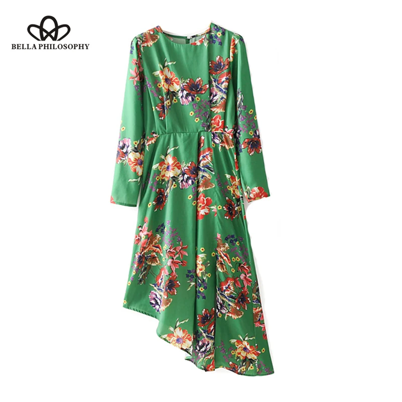 

Bella Philosphy 2018 summer satin night women dress long sleeves o-neck female dress hollow out print ladies vestidos party