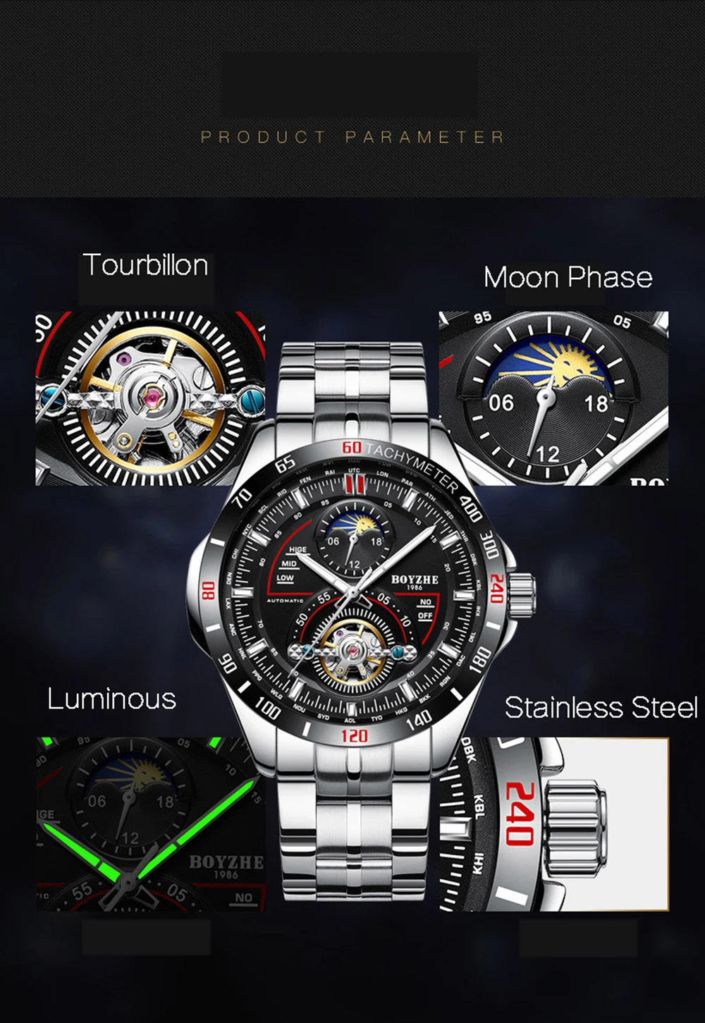 BOYZHE Роскошные мужские автоматические деловые часы водонепроницаемые механические наручные часы модные стальные часы спортивные наручные часы Reloj Hombre
