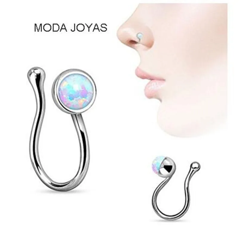 

2017 New opal Nose Hoop Nose Rings Body Piercing Jewelry Fake Septum Clicker Non Piercing Hanger Clip On Jewelry