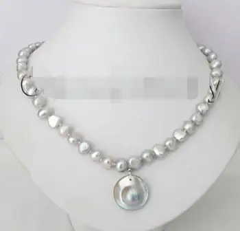 

P8101 -17" 8-9mm gray baroque freshwater pearl necklace + 22mm gray Mabe pendant