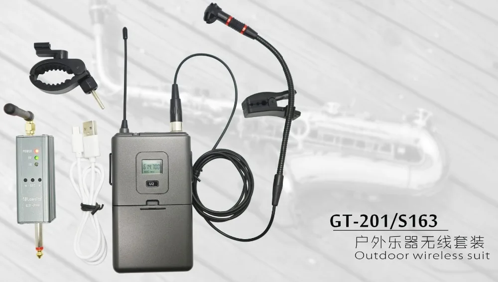 

GT-201/S163 outdoor wireless IR UHF microphone system for musical instrument small receiver 300 frequency stable LI battery