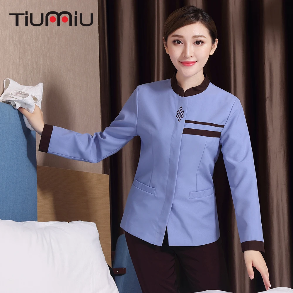 

Chinese Knot Embroidery Worker Cleaning Workwear Uniform Long Sleeve Housekeeping Cleaning Service Uniforms Women Waiter Jackets