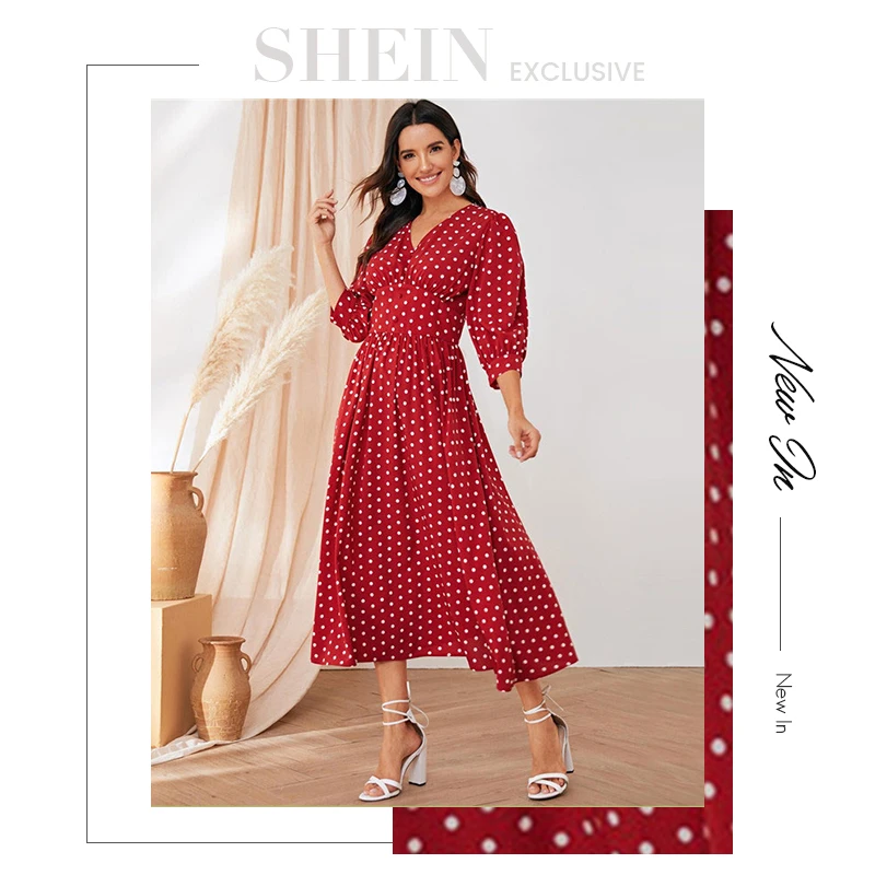 SHEIN Burgundy Polka Dot Wide Waistband Button Detail Maxi Dress Women Elegant V Neck Bishop Sleeve Long Dress Party Dresses