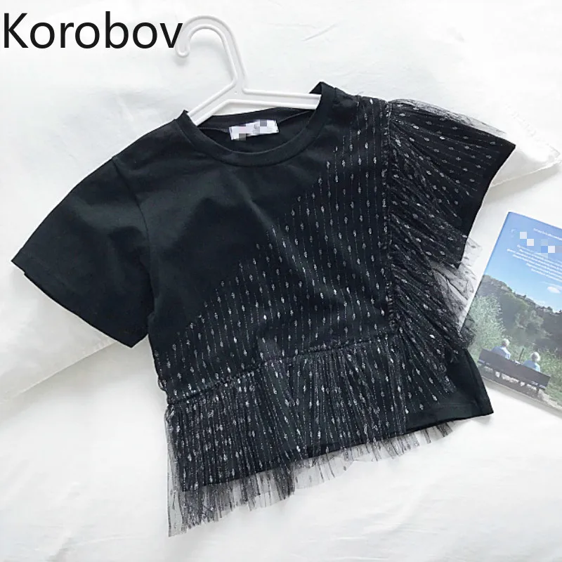 

Korobov Korean Dot Mesh Patchwork Korean Women T Shirt O-neck Short Sleeve Fashion Short T Shrts Top Casual Female T-shirt 77632