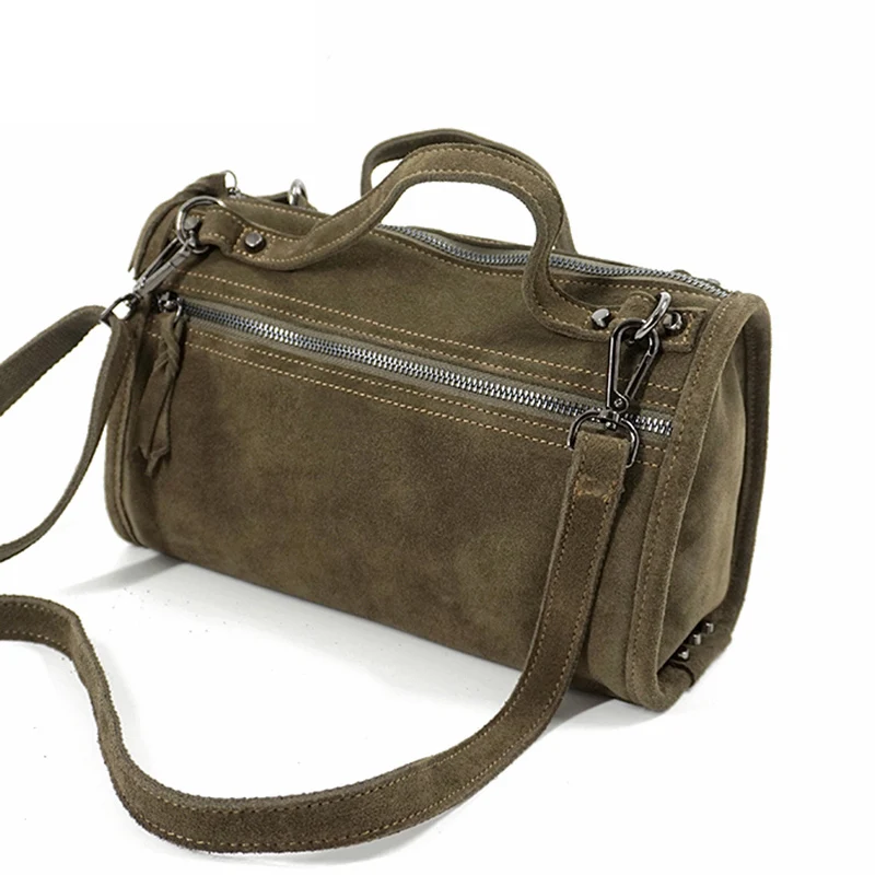

Fashion Women Genuine Real Cow Suede Leather Boston Handbags High Quality Ladies Shoulder Tote Bag Punk Motorcycle Crossbody bag