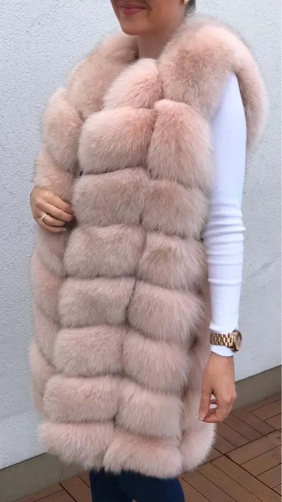 Натуральным лисьим мехом Меховой жилет; Верхняя одежда на меху пальто Длинный дизайн с круглым вырезом, свитер, жилет, пальто для женщин - Цвет: Light pink