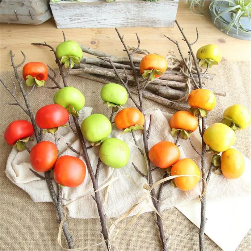 

4pcs Artificial Persimmon Tree Branches with Fruit Fake five heads Persimmon fruit Stems