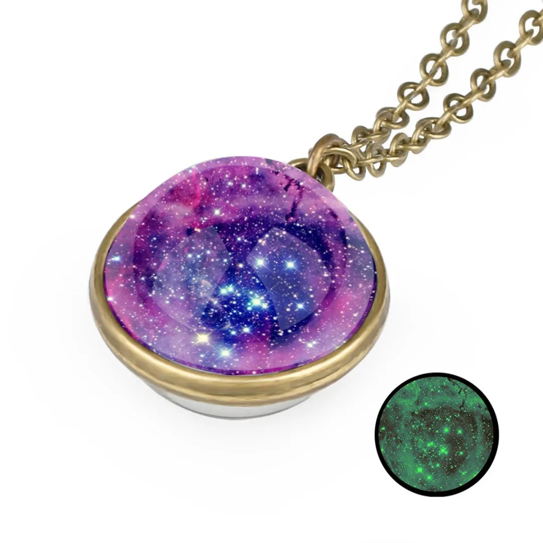 Glow In The Dark Long Chain Necklace Jewelry For Women Men Trendy Two Sides Glass Ball Universe Galaxy Nebula Space Necklace