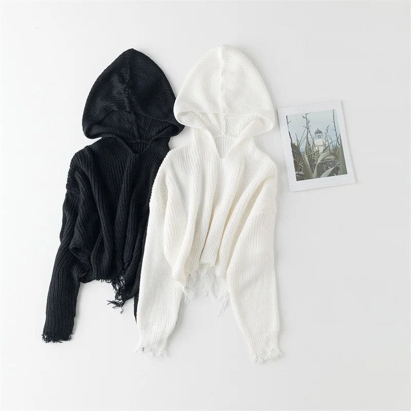 

New Fashion Hooded Sweater Women Pullover Knitting Oversized Sweater Loose Solid Tassel Long Sleeve O-Neck Black Sweaters