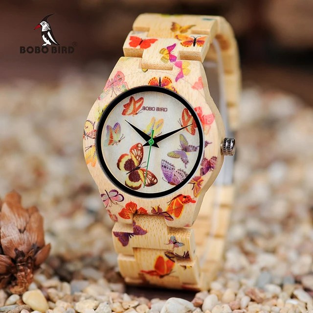 BOBO BIRD Ladies Wood Watch Women montre femme Bamboo Band Painting Butterfly Qu BOBO BIRD Ladies Wood Watch Women montre femme Bamboo Band Painting Butterfly Qu