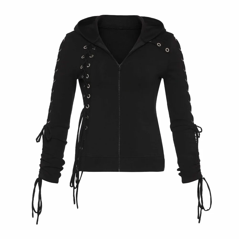 Gothic Women Hoodies 2019 Autumn Sweatshirt Lace Up Female Hooded Casual Slim Goth Outwear Zip-up Black Hooded Long Sleeve Tops