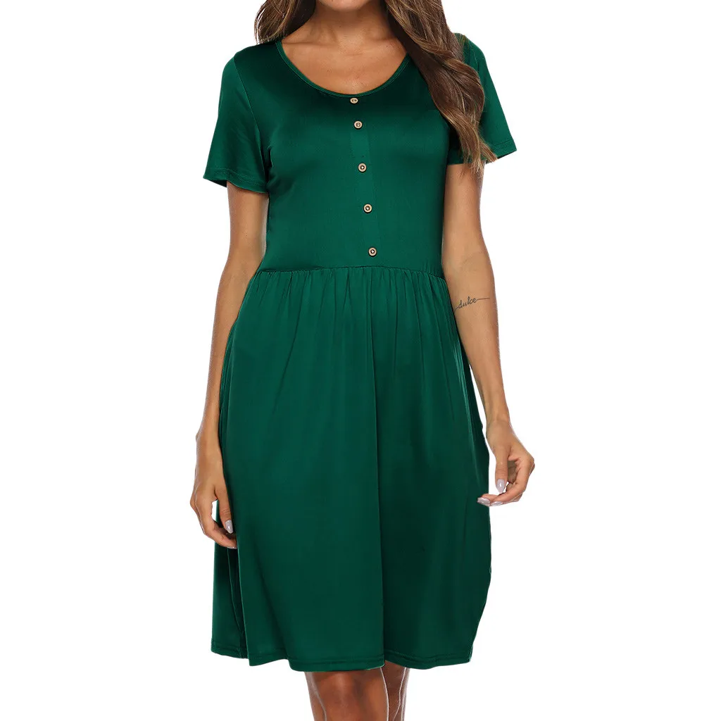 

CHAMSGEND Women O Neck Casual Button Short Sleeve Above Knee Loose Party Mini Dress Buttons Dresses Summer Femme