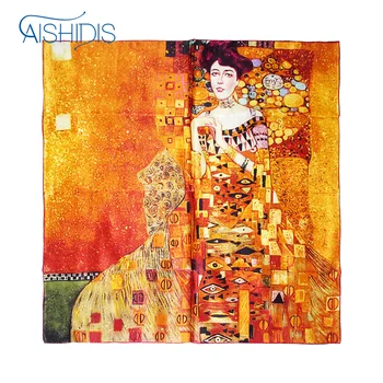 

100% Luxurious 12-momme Satin Silk Square Wraps Scarf Art Oil Painting Gustav Klimt's "Adele Bloch-Bauer I" Handrolled