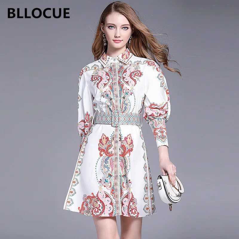 

BLLOCUE High Quality Runway Vintage Print Elegant Mini Dress Woman Puff Sleeve Button Down High Waist Short Dress With Belt