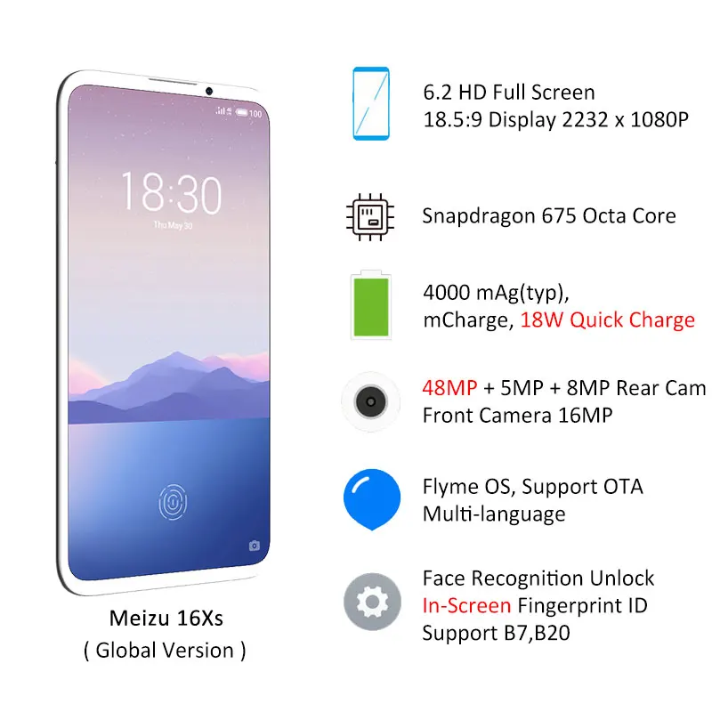 Meizu 16XS с глобальной прошивкой 6 ГБ ОЗУ 16 XS Смартфон Snapdragon 675 2 дюймов 48 МП тройная